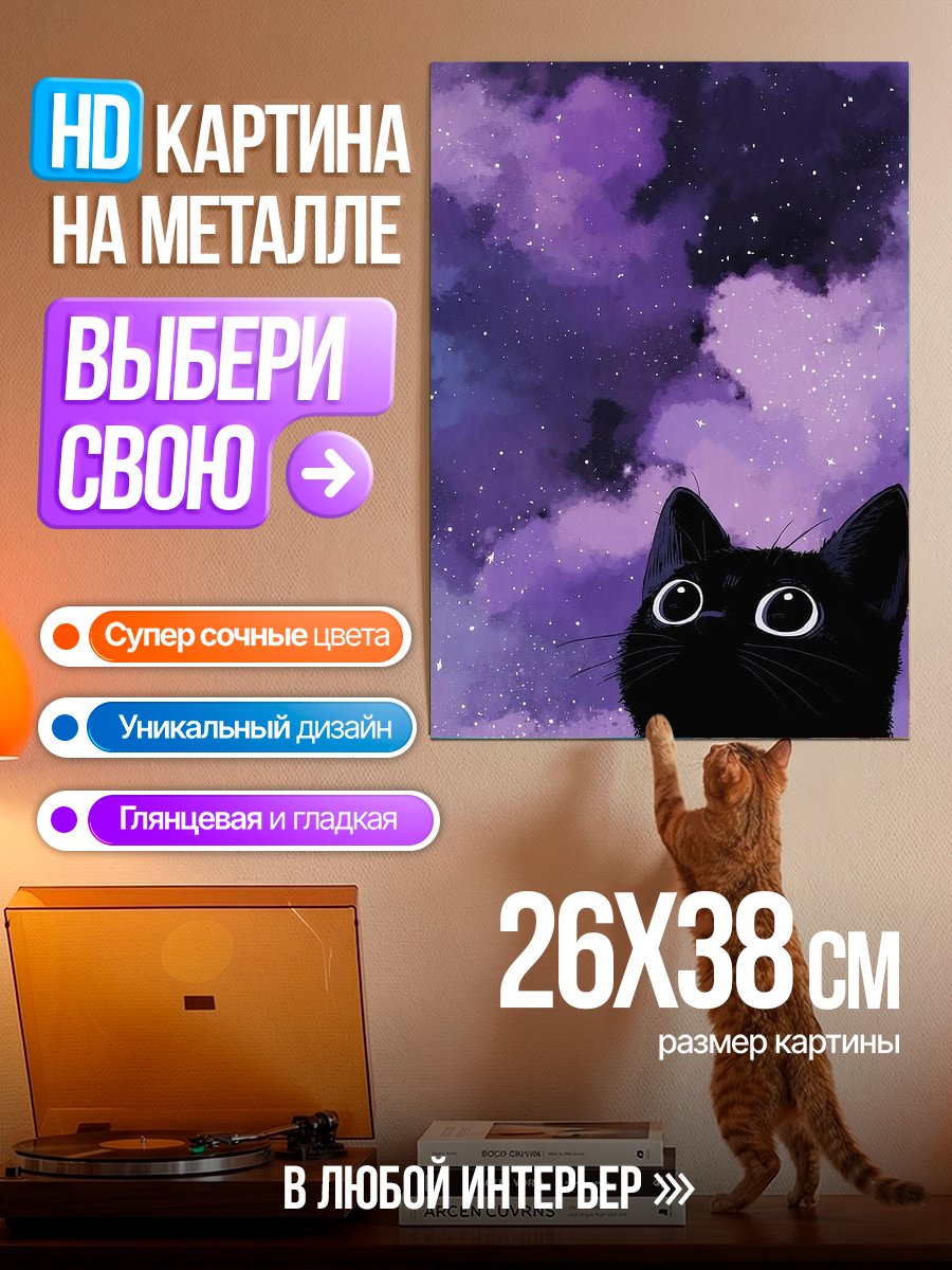 Картина на металле Черный кот в космосе