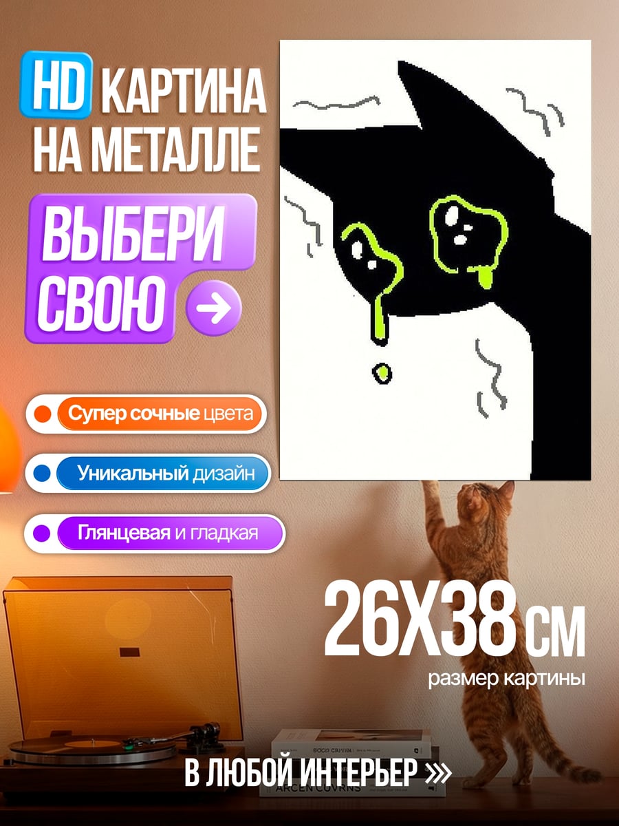 Картина на металле Черный кот плачет