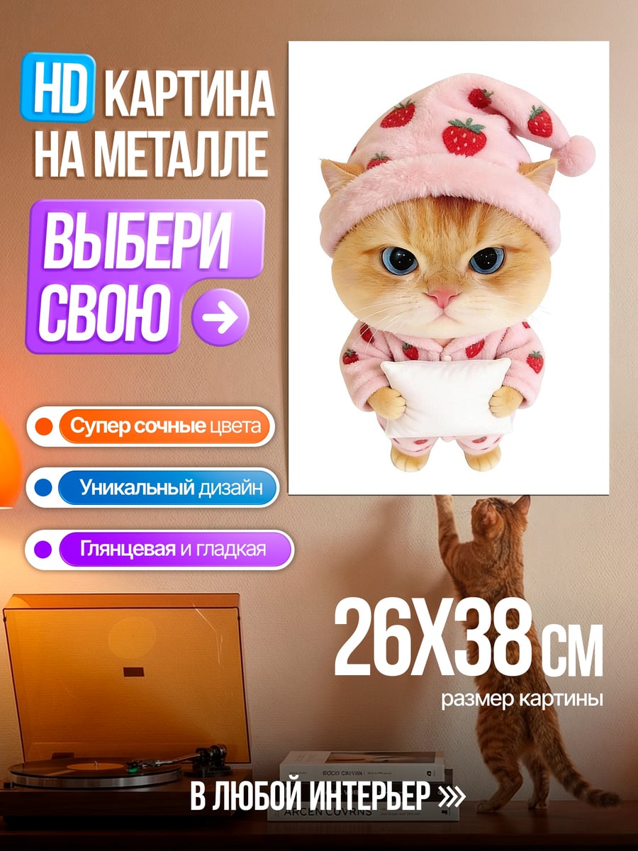 Картина на металле Кот в пижаме