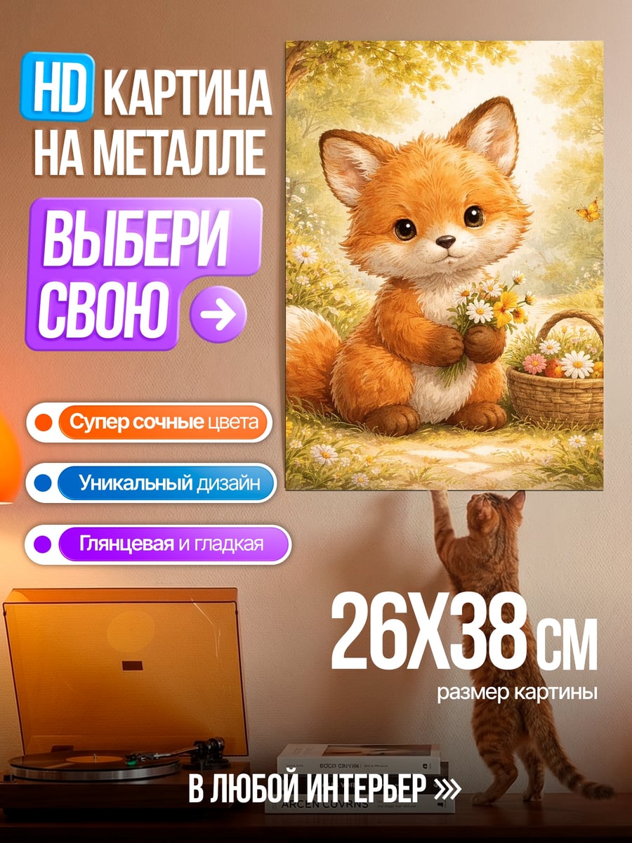 Картина на металле Лисенок с цветами