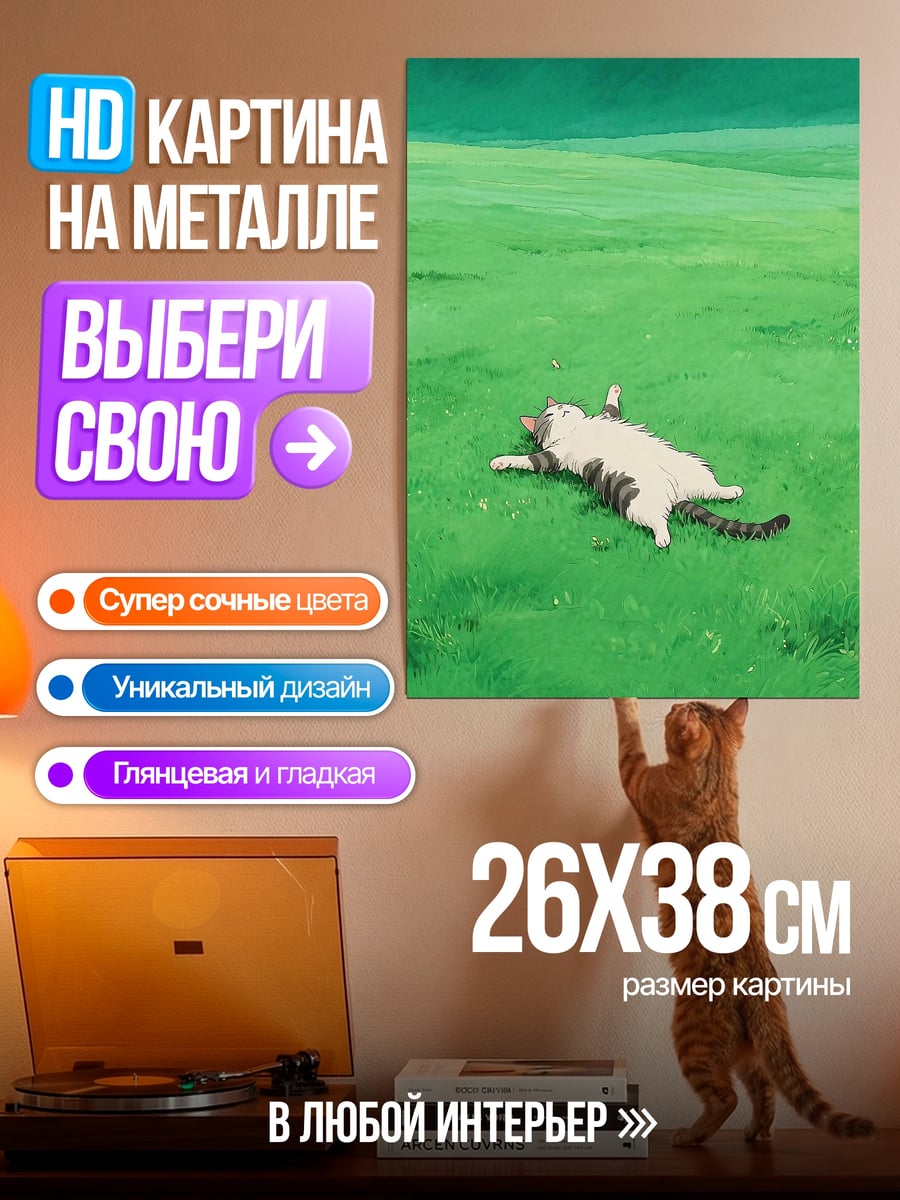 Картина на металле Ленивый кот на траве
