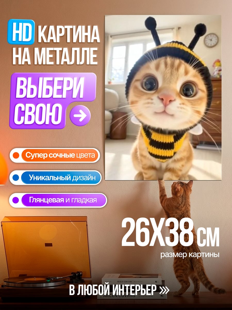 Картина на металле Кот в костюме пчелы