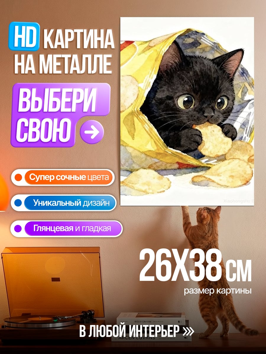 Картина на металле Черный котенок чипсы