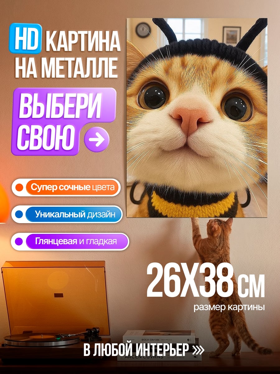 Картина на металле Кот пчелка