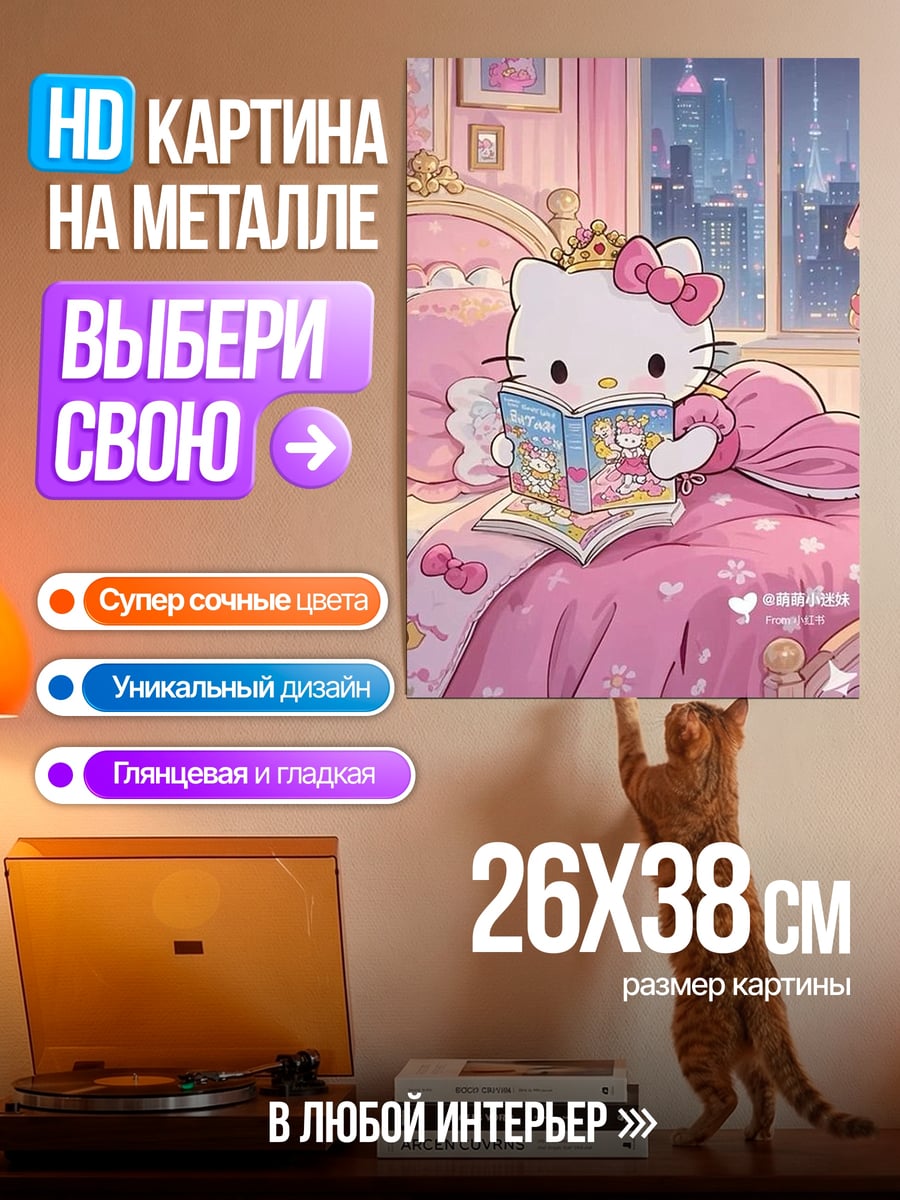 Картина на металле Хелло Китти читает