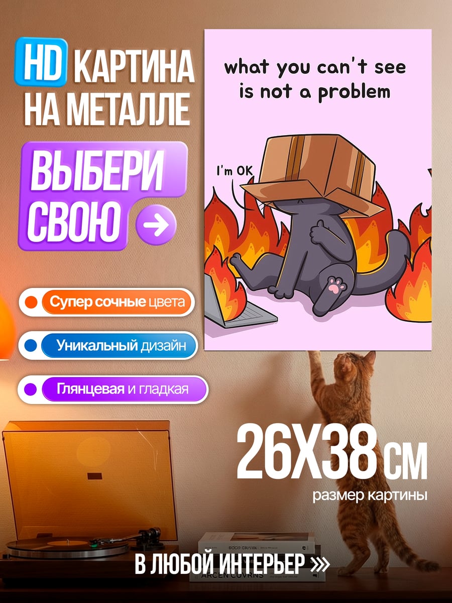 Картина на металле Кот в коробке горит