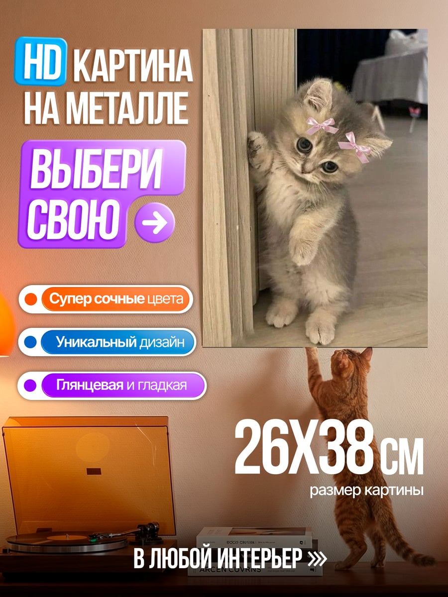 Картина на металле Милый котенок с бантиками