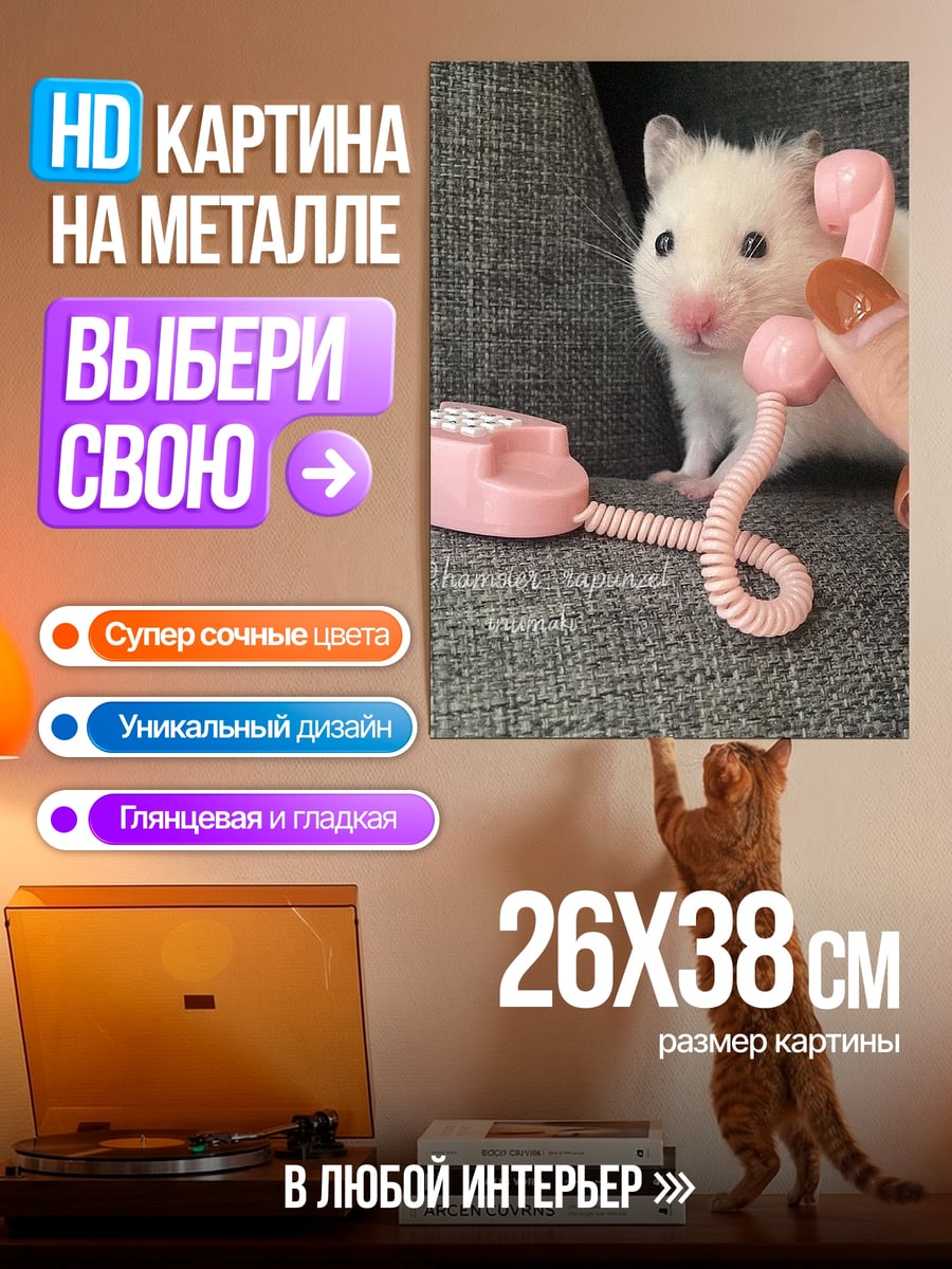 Картина на металле Хомяк с телефоном