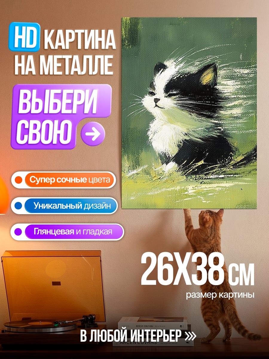 Картина на металле Черно-белый кот