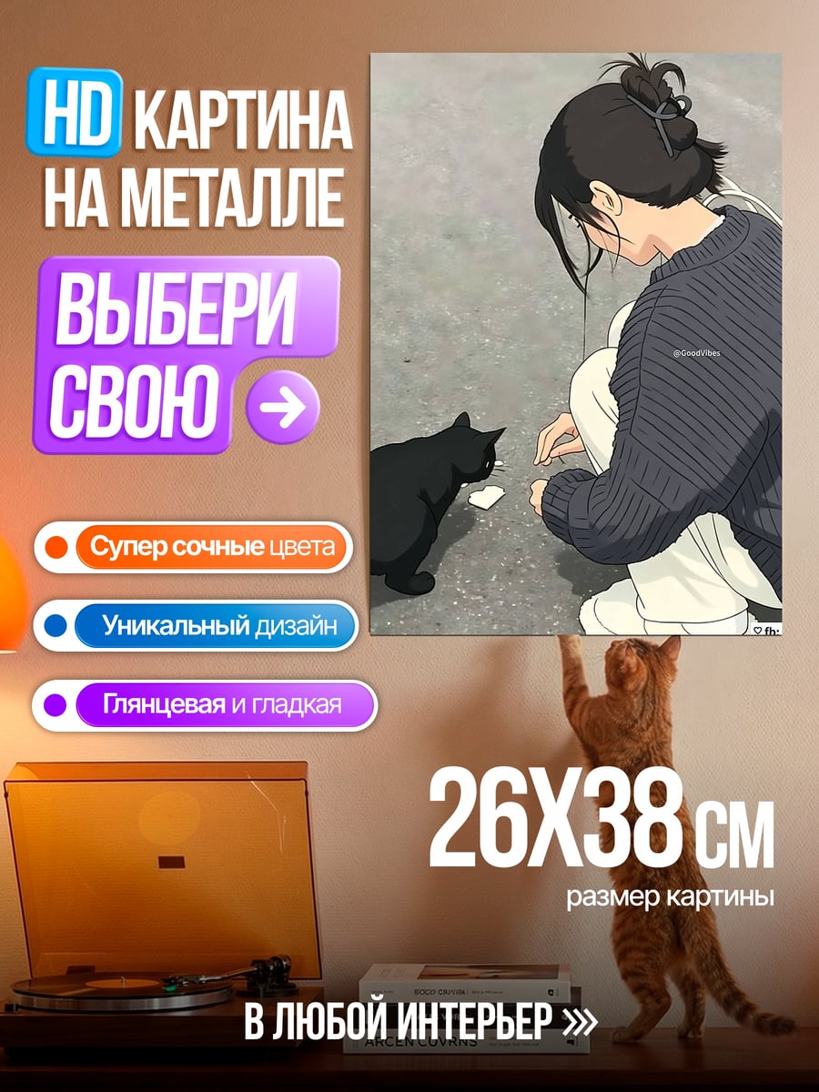Картина на металле Девушка кормит кота