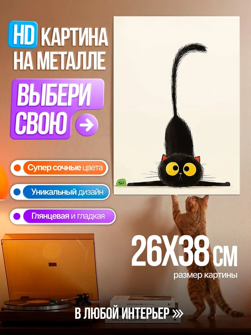 Картина на металле Черный кот играет