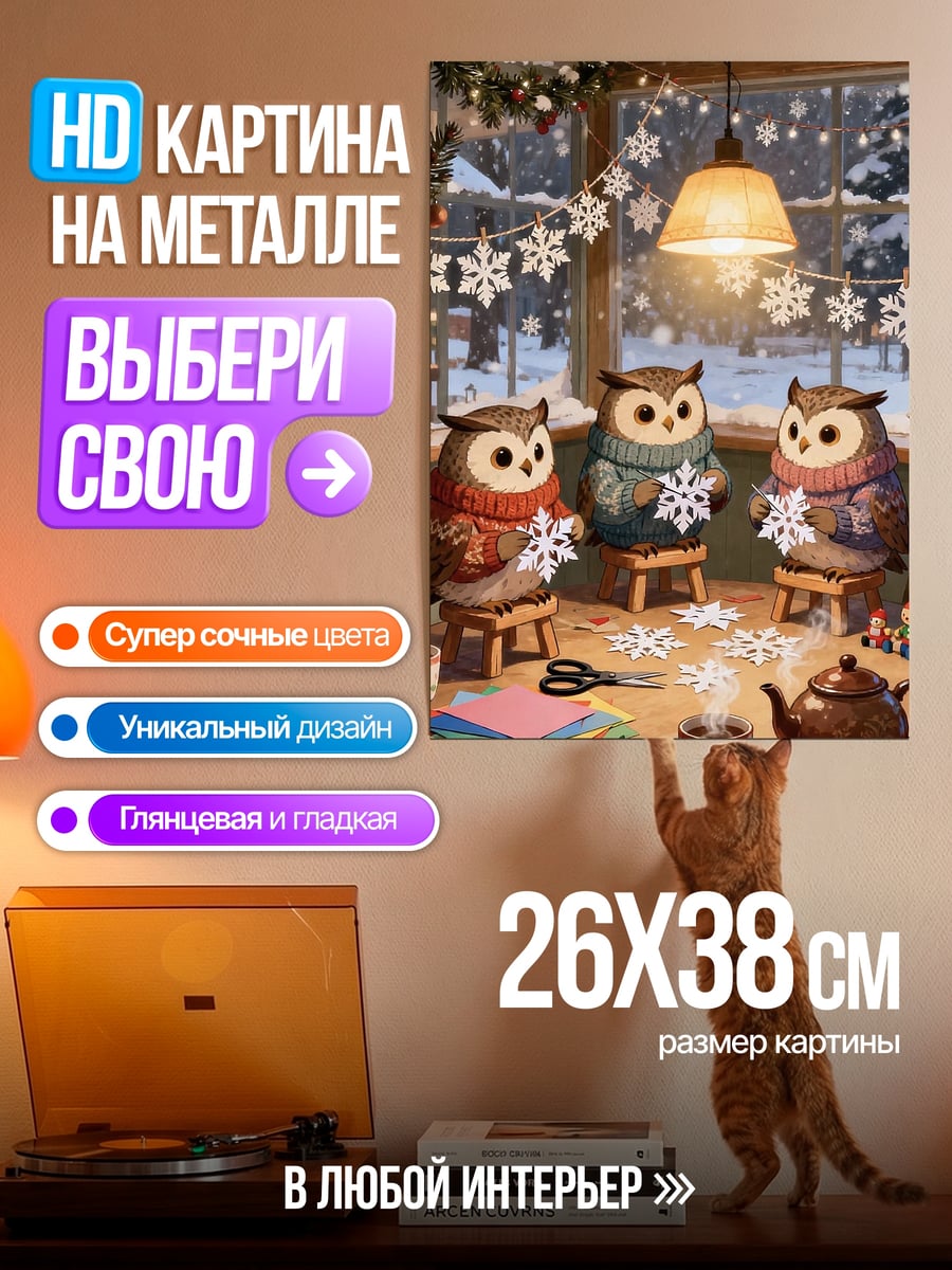 Картина на металле Совы делают снежинки