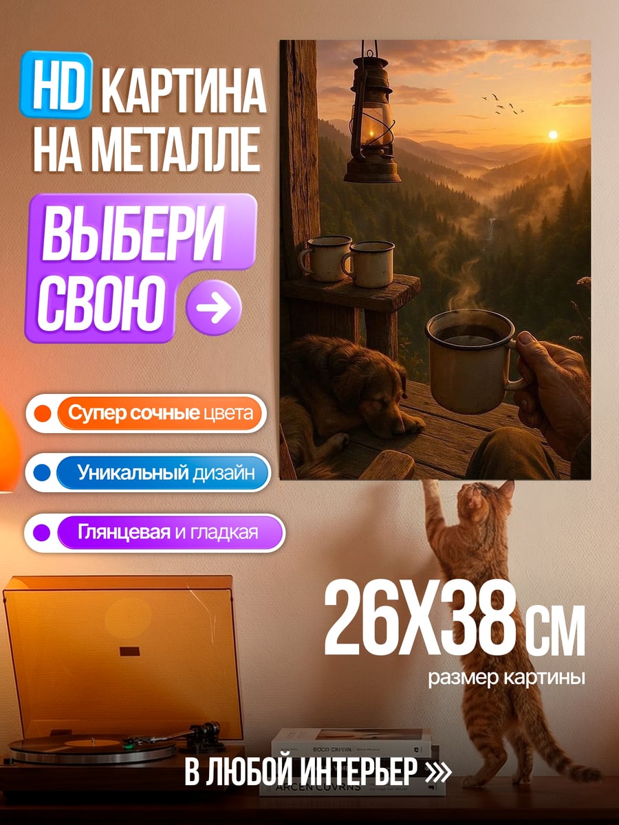 Картина на металле Уютное утро в горах