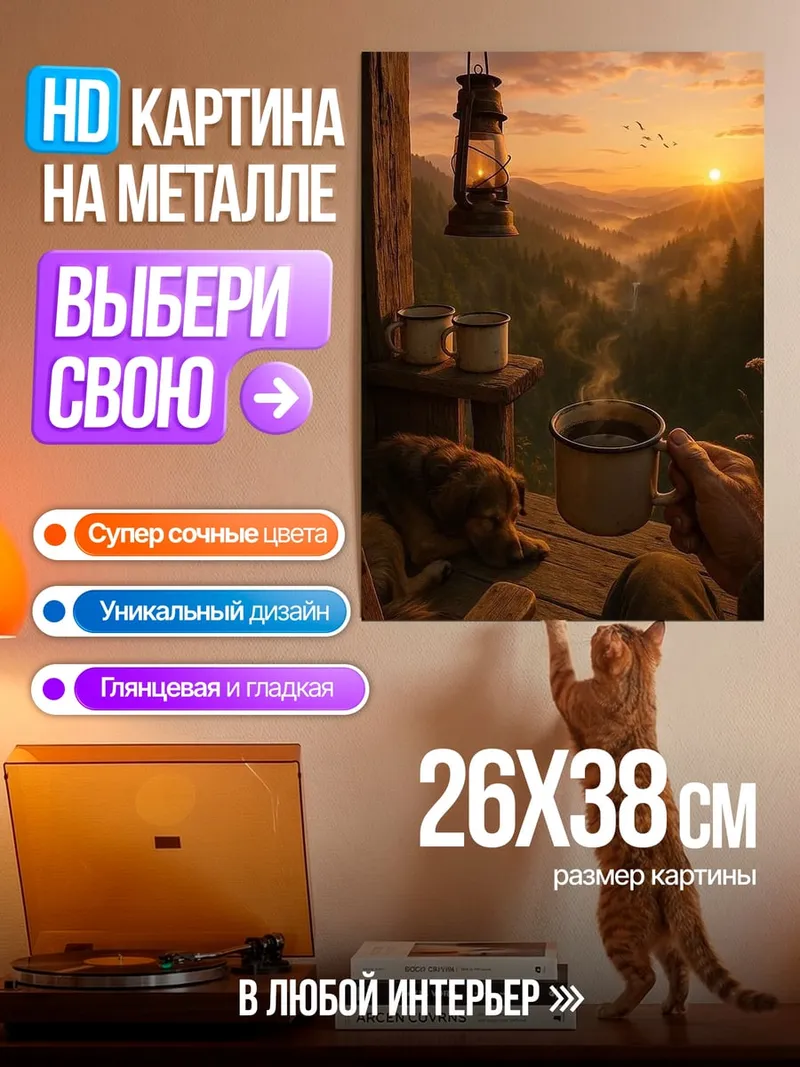 Картина на металле Уютное утро в горах
