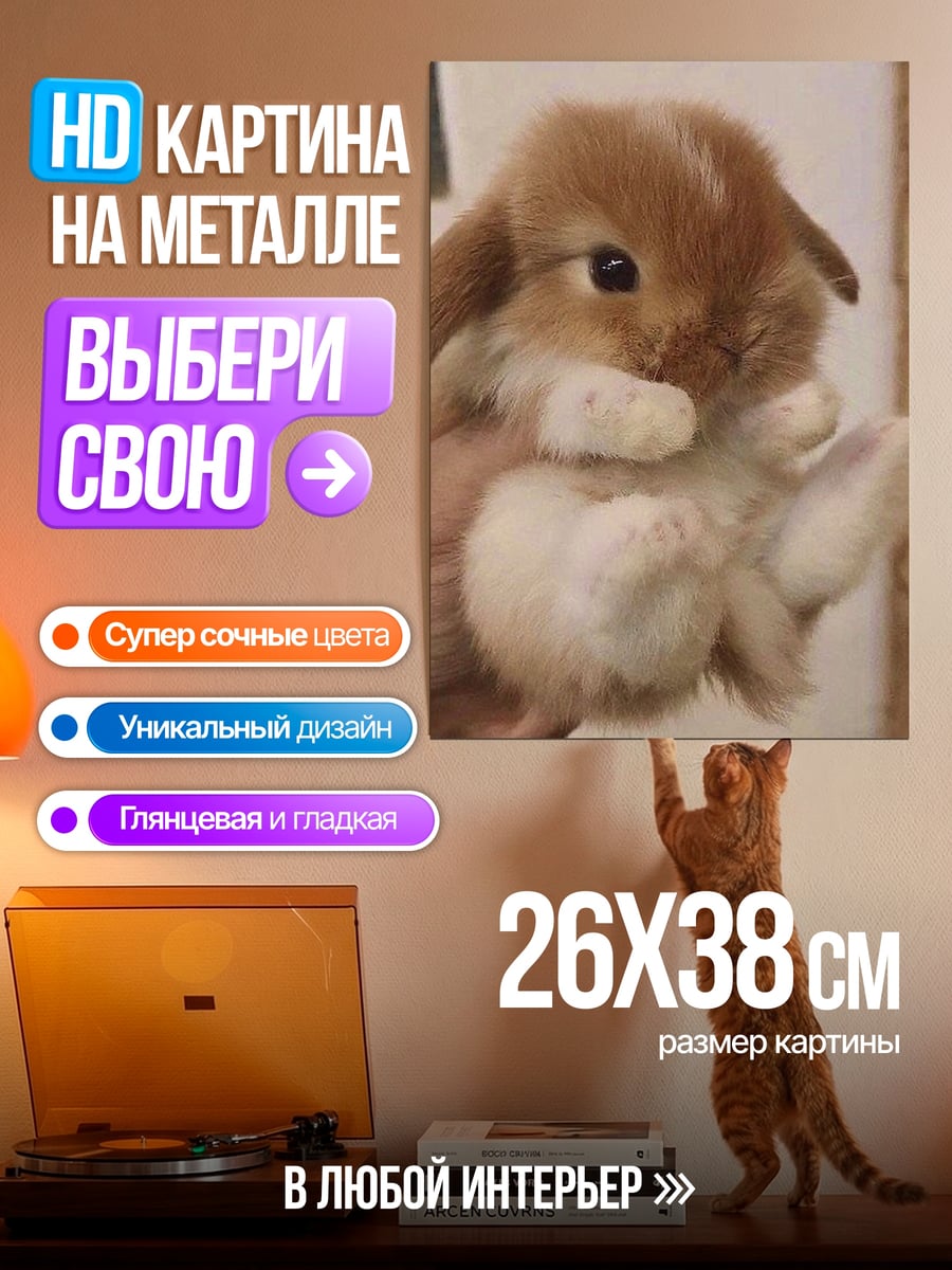 Картина на металле Милый кролик в руках
