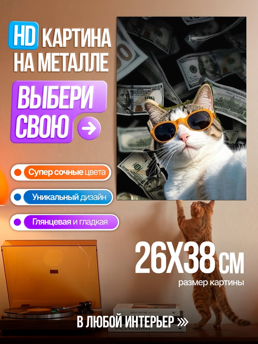Картина на металле Кот в очках