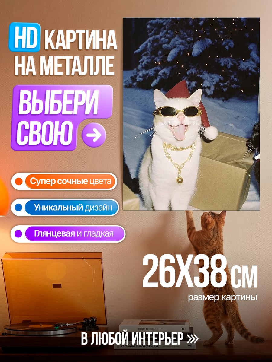 Картина на металле Кот в очках и шапке