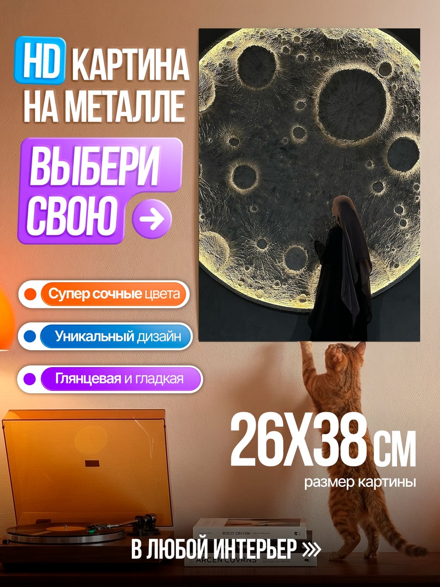 Картина на металле Девушка смотрит на луну