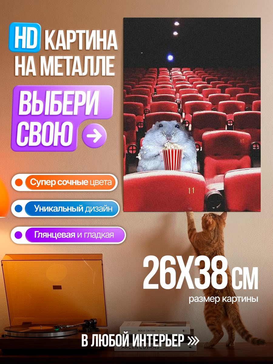 Картина на металле Хомяк в кинотеатре