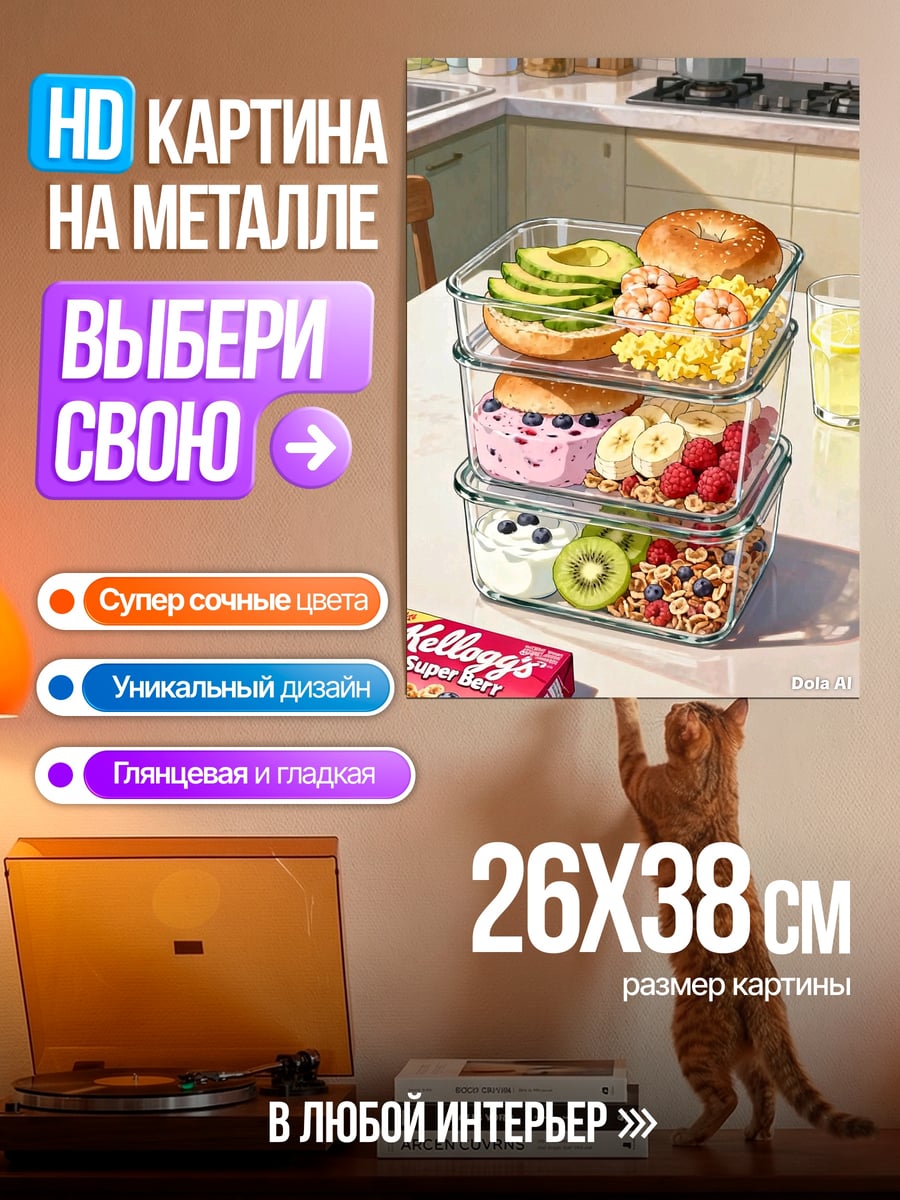Картина на металле Завтрак в контейнерах