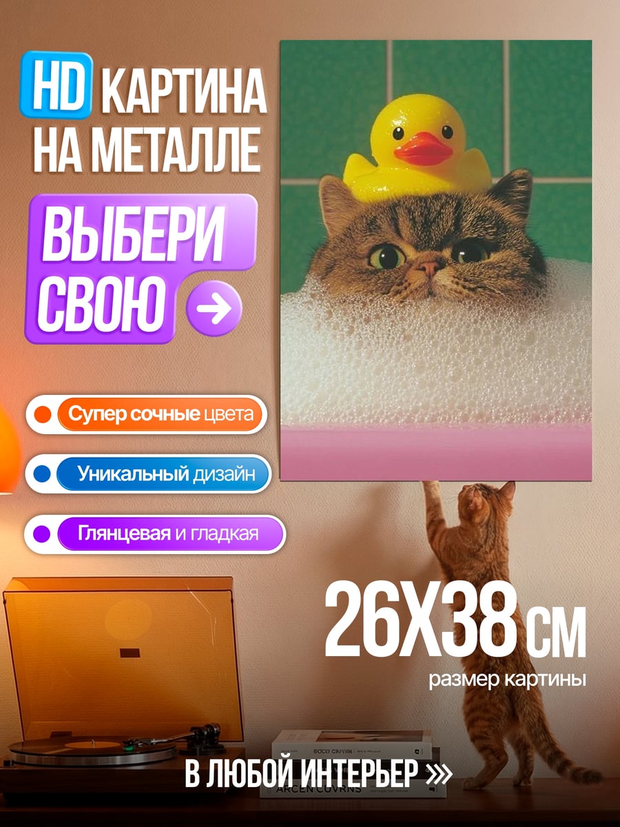 Картина на металле Кот в пене с уточкой