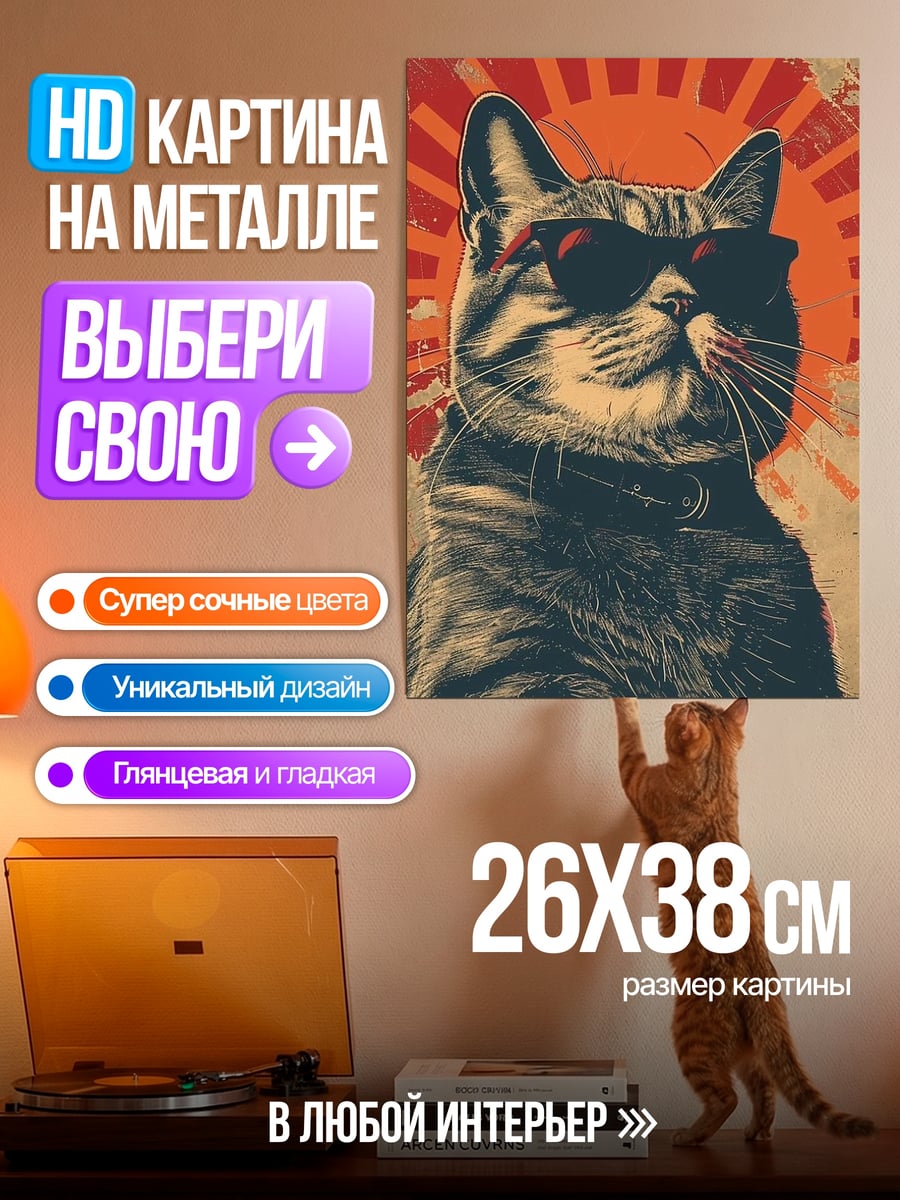 Картина на металле Кот в очках