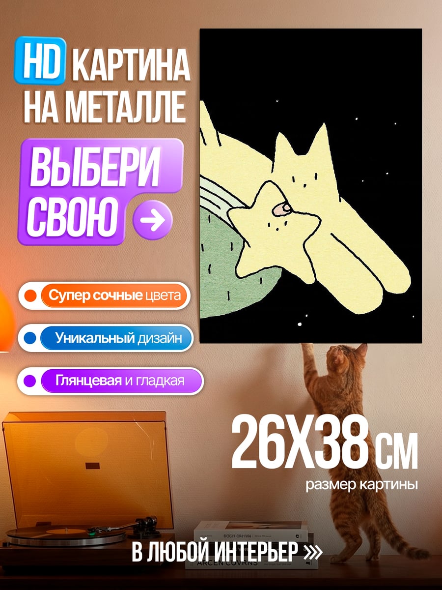 Картина на металле Кот звезда