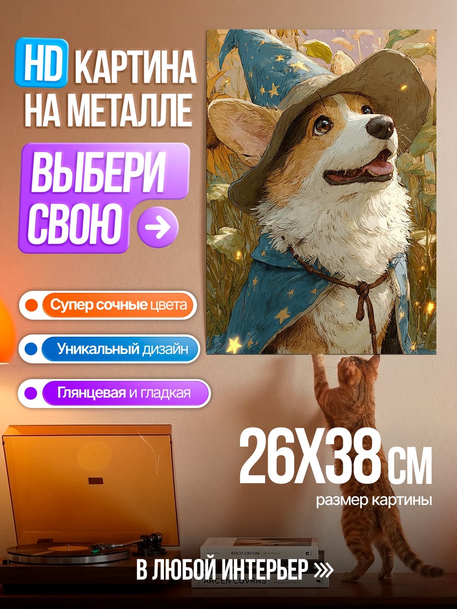 Картина на металле Корги волшебник