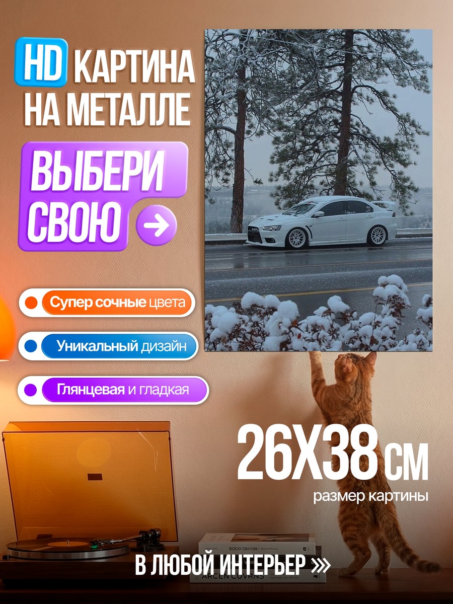 Картина на металле Белая машина снег