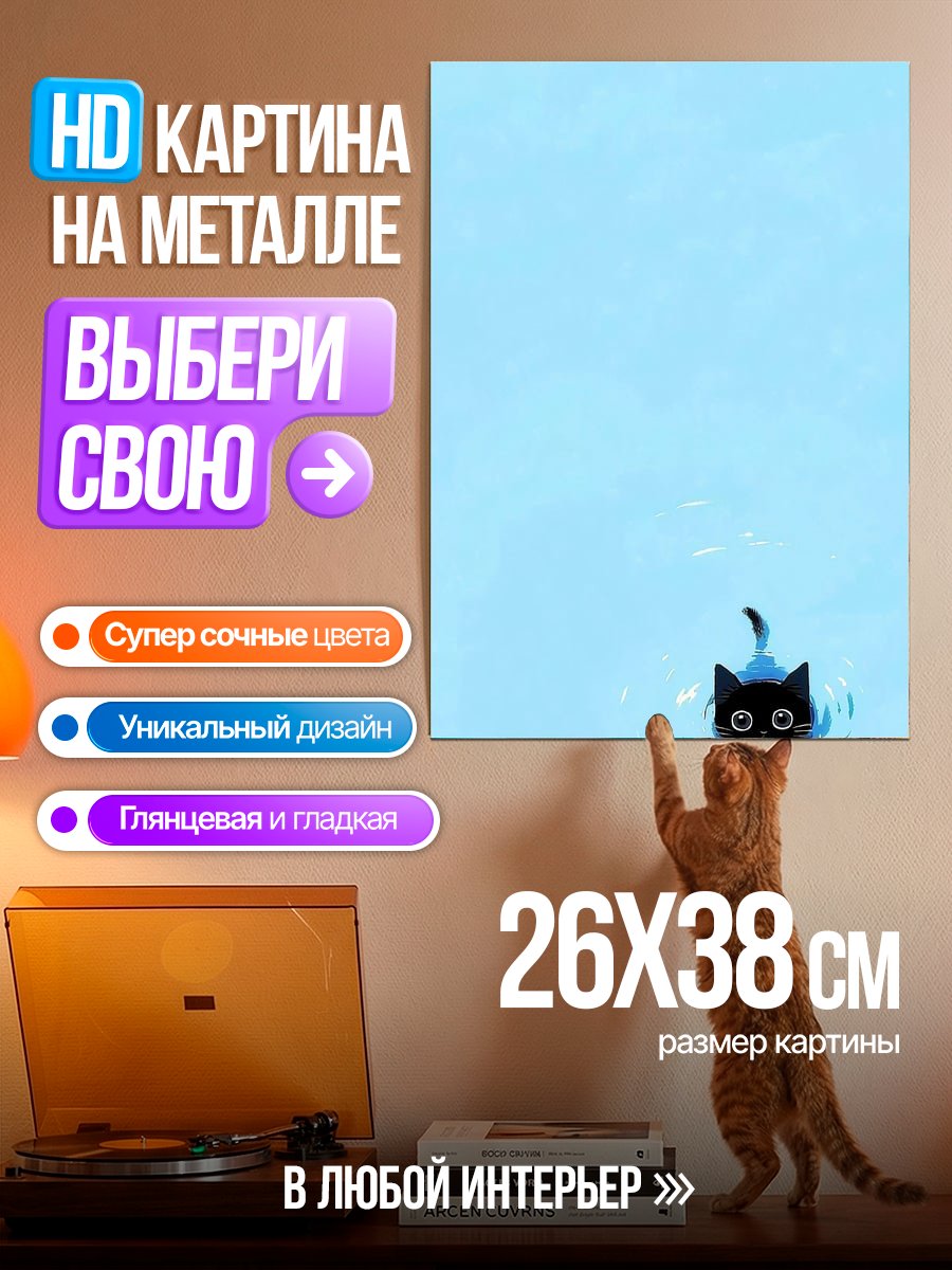 Картина на металле Черный котенок в воде