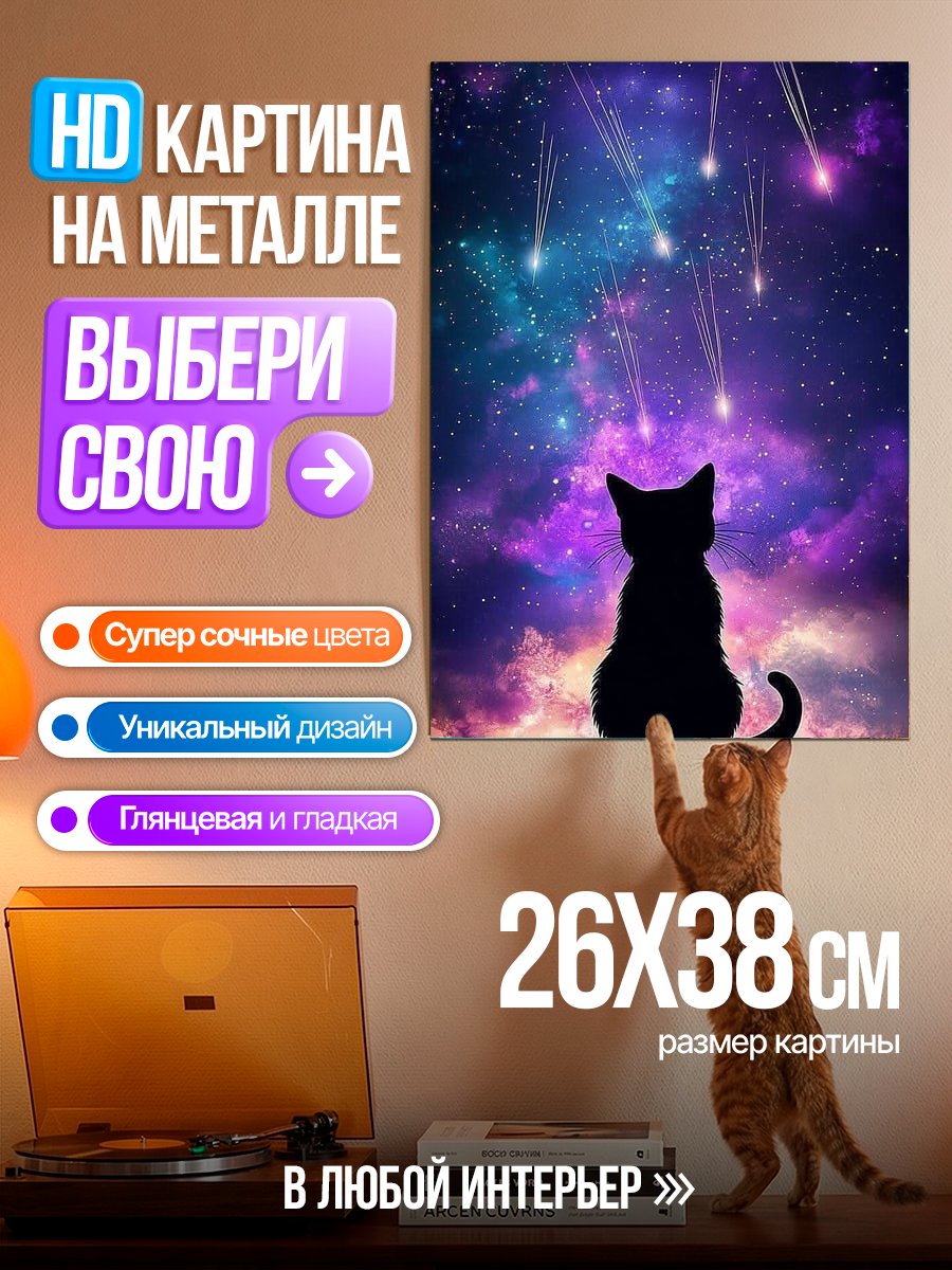 Картина на металле Кот и звезды