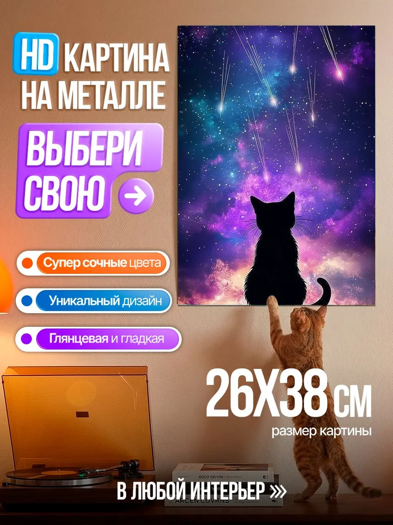 Картина на металле Кот и звезды