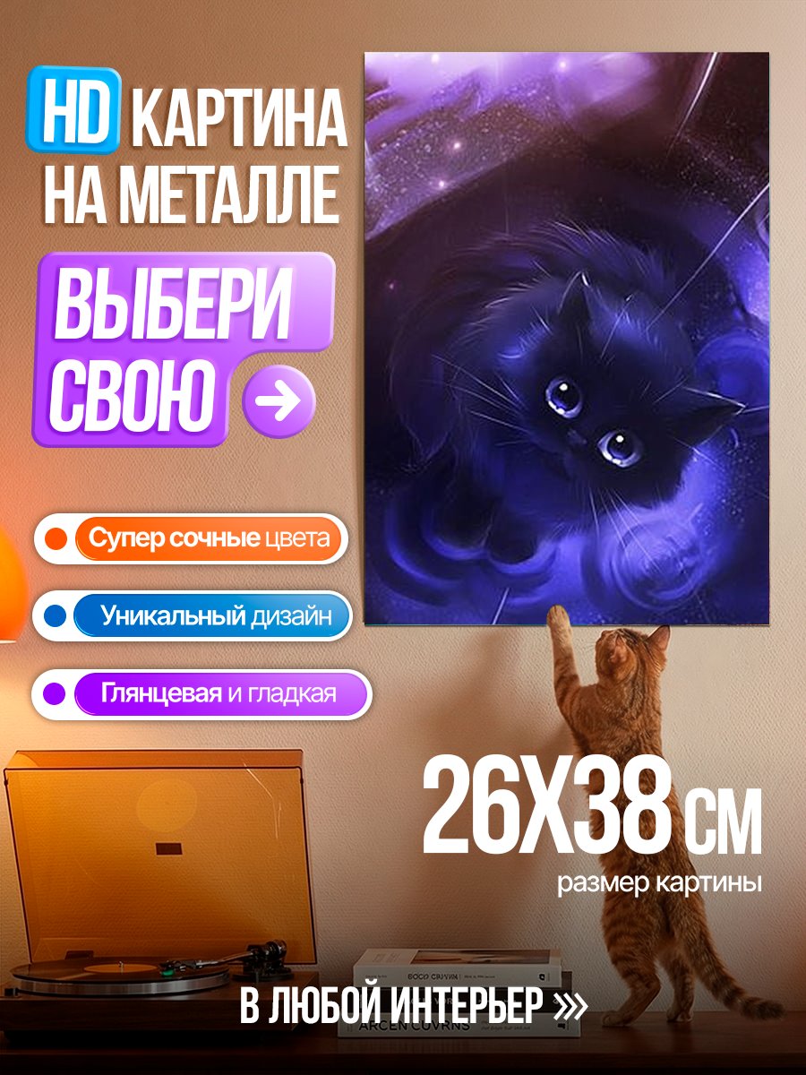 Картина на металле Черный кот в космосе