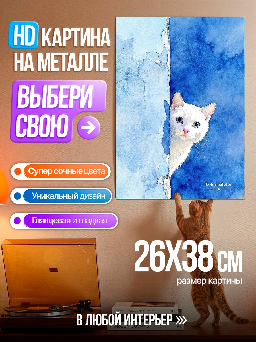 Картина на металле Белый кот в синем