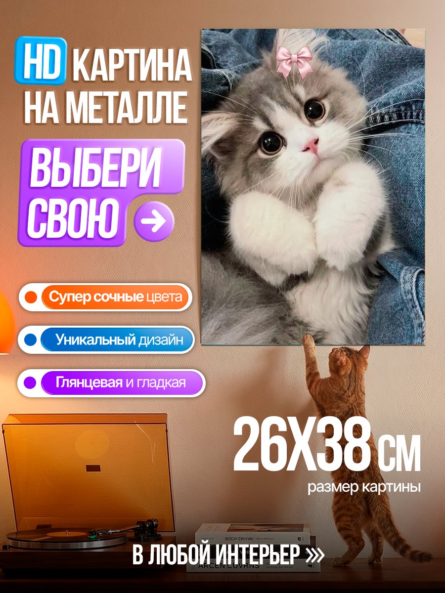 Картина на металле Милый котенок с бантиком