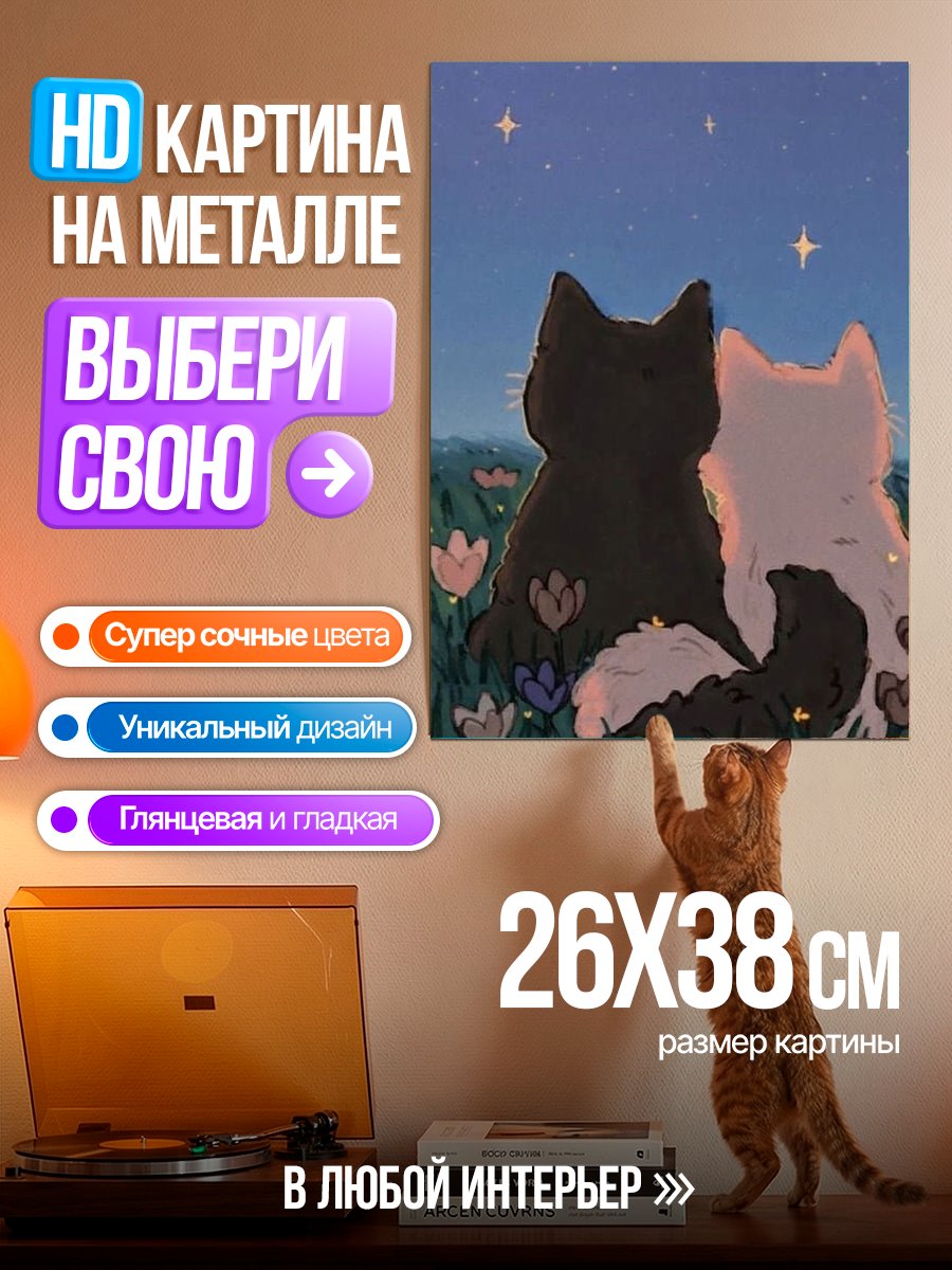 Картина на металле Два кота под звездами