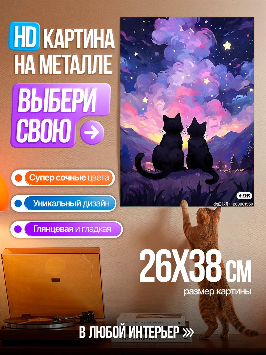 Картина на металле Два кота под звездами