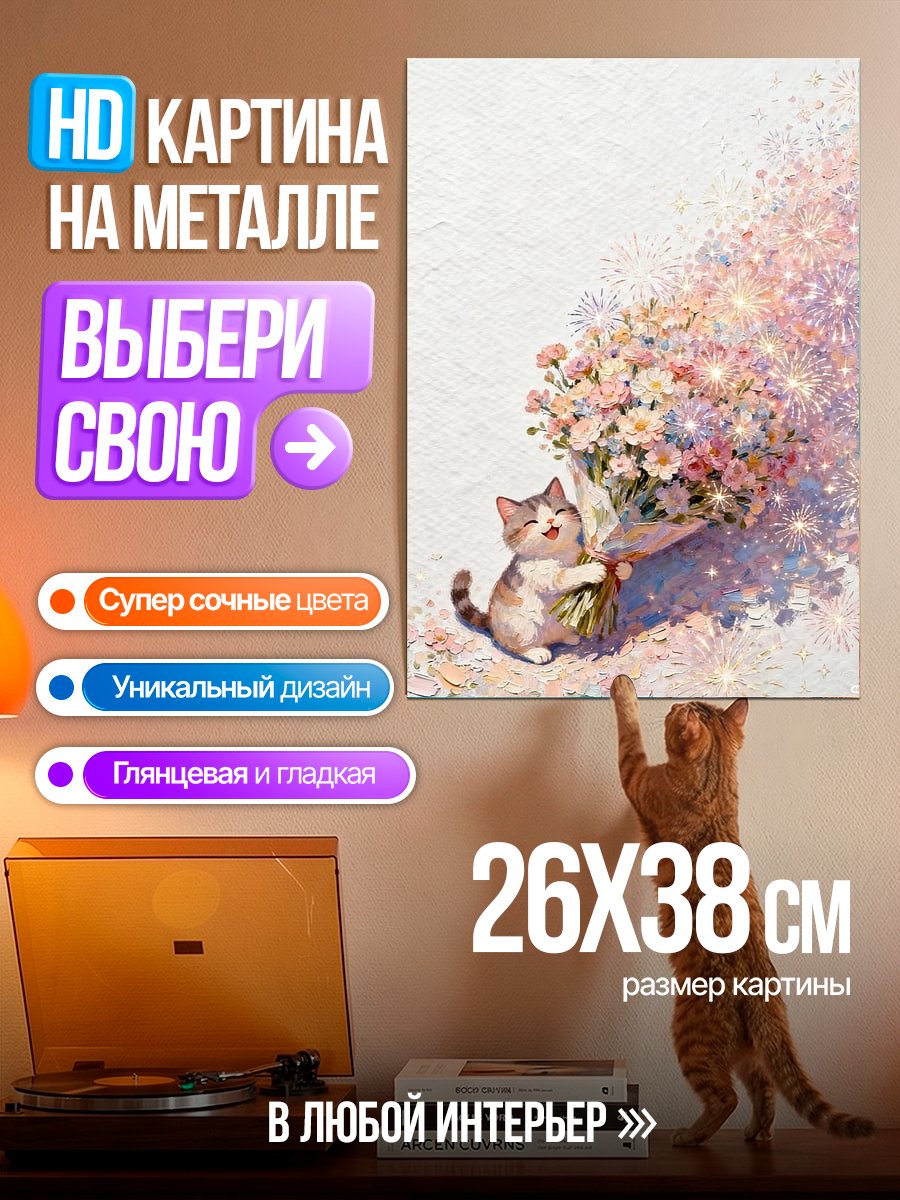 Картина на металле Кот с букетом цветов