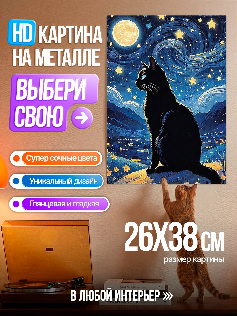 Картина на металле Черный кот под звездами