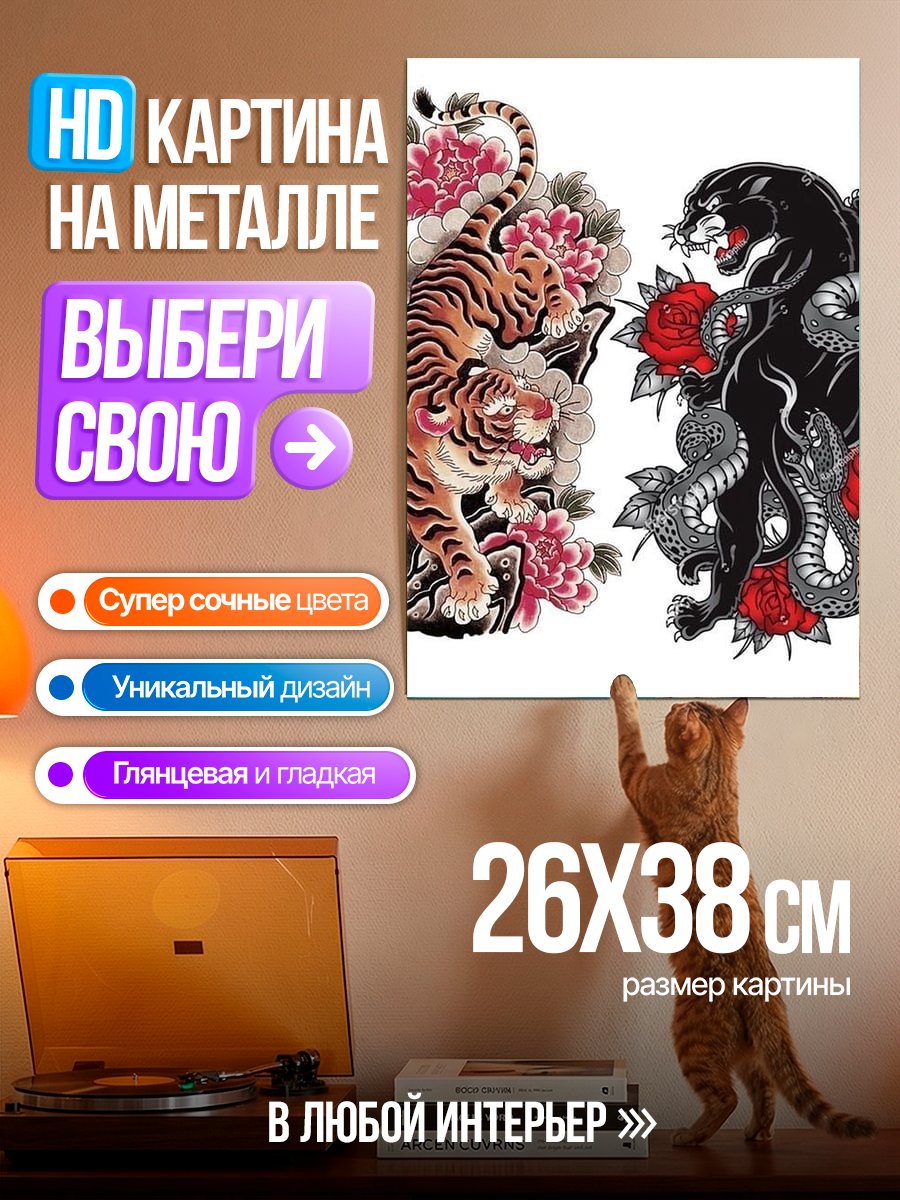 Картина на металле Тигр и пантера с цветами