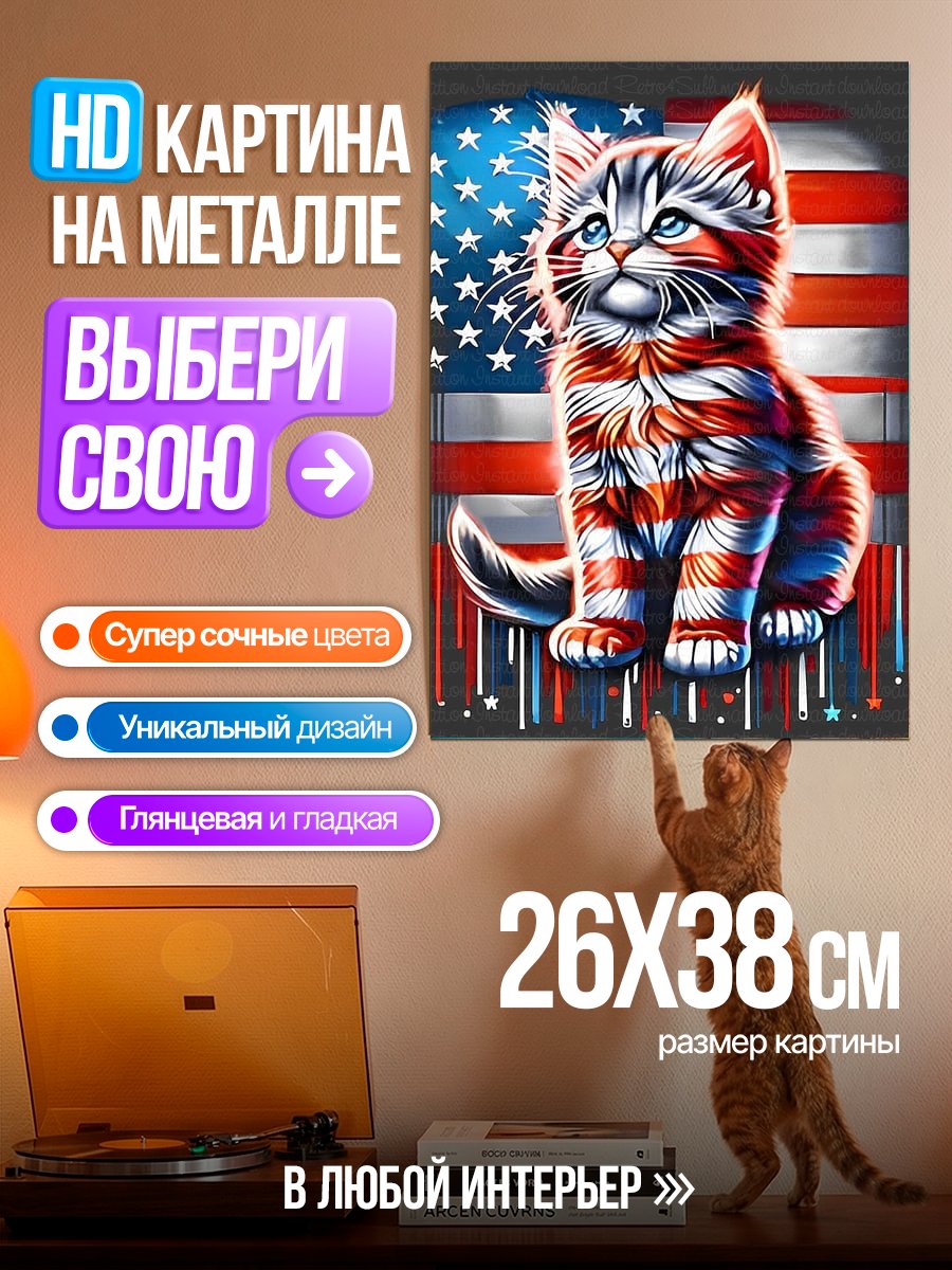 Картина на металле Кот в цветах флага США