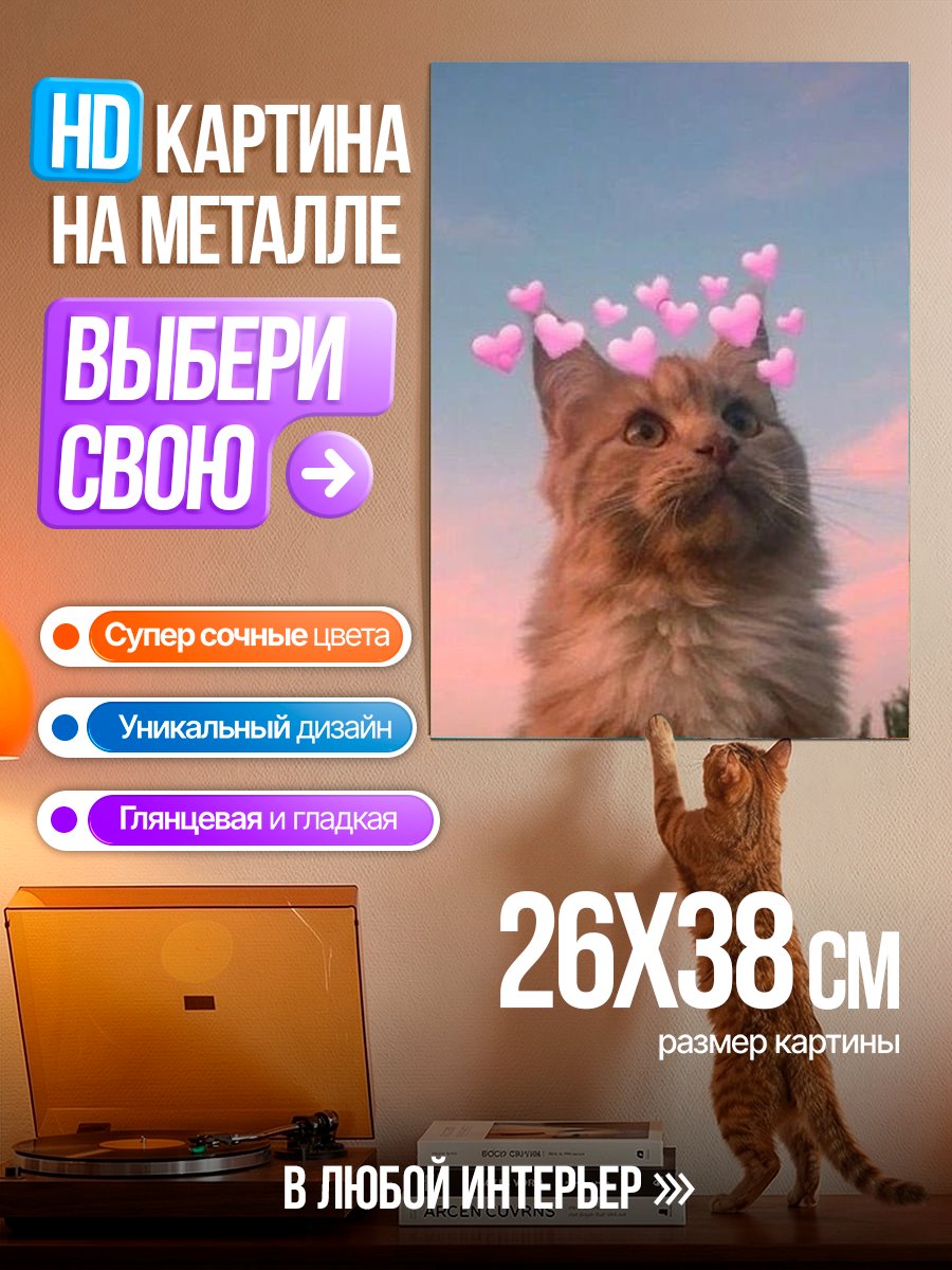 Картина на металле Кот с сердечками