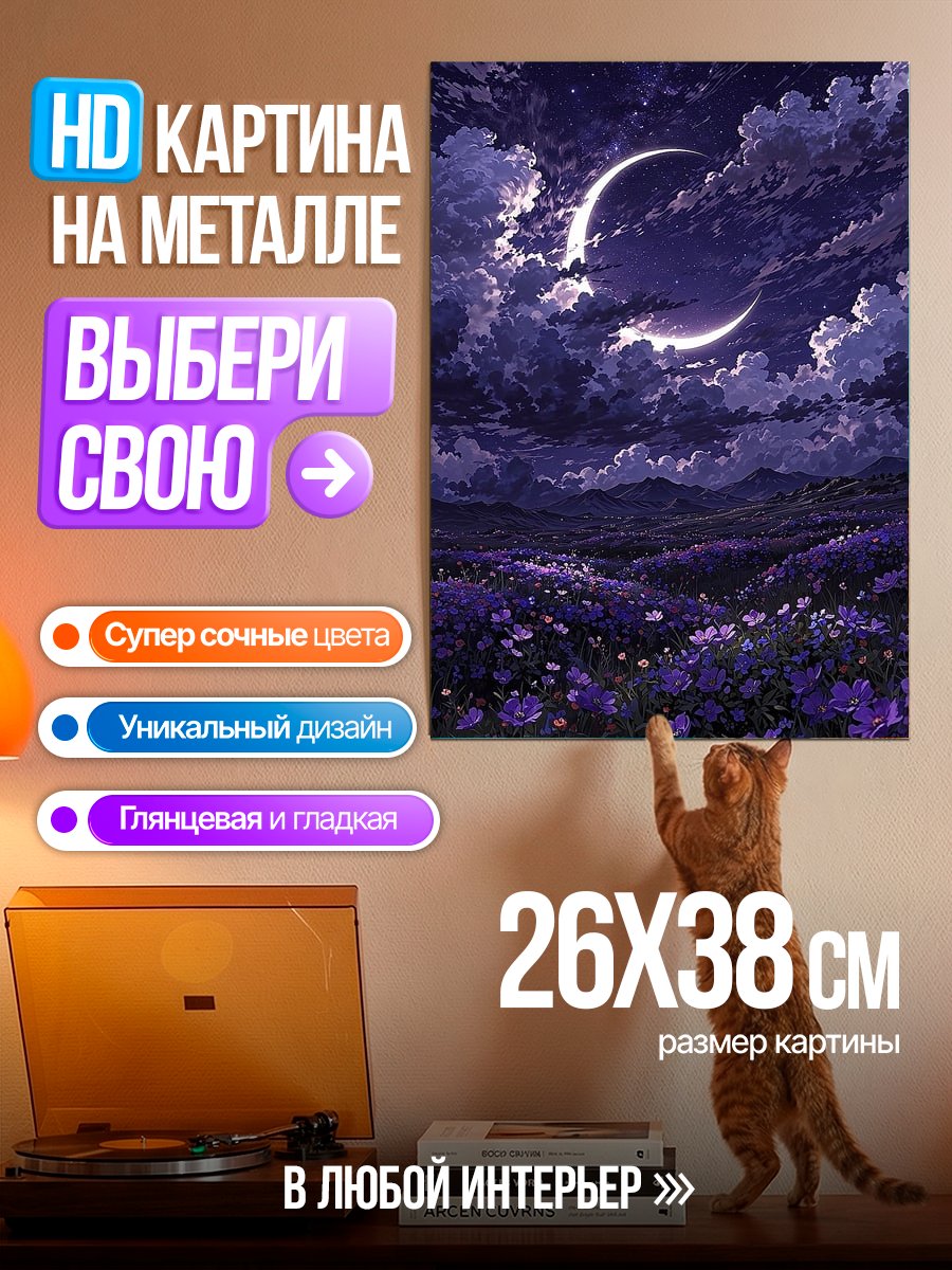 Картина на металле Ночное небо с луной