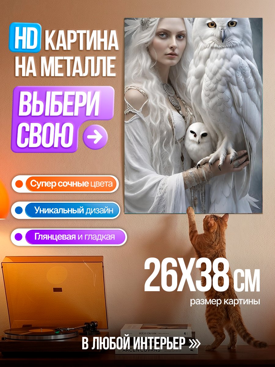 Картина на металле Белая сова и леди