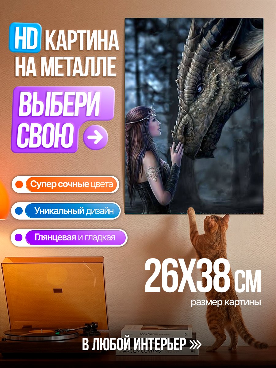 Картина на металле Девушка и дракон