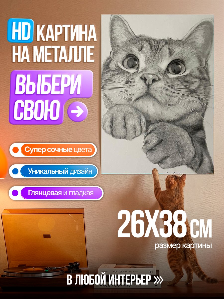 Картина на металле Нарисованный кот смотрит вверх