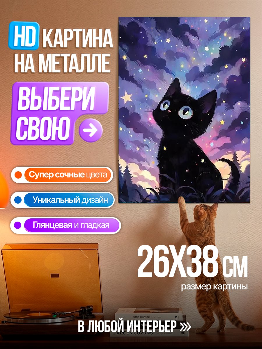 Картина на металле Черный кот звёзды