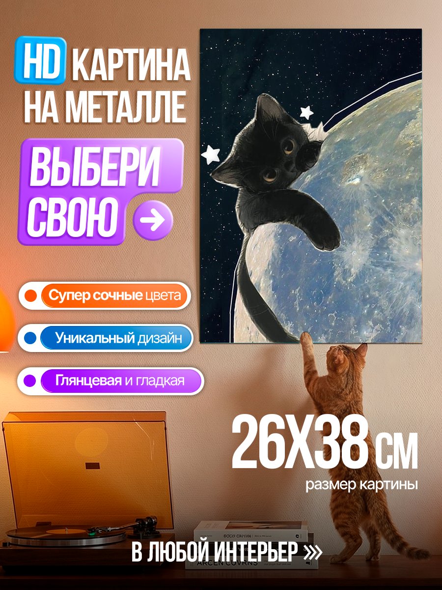 Картина на металле Кот на планете