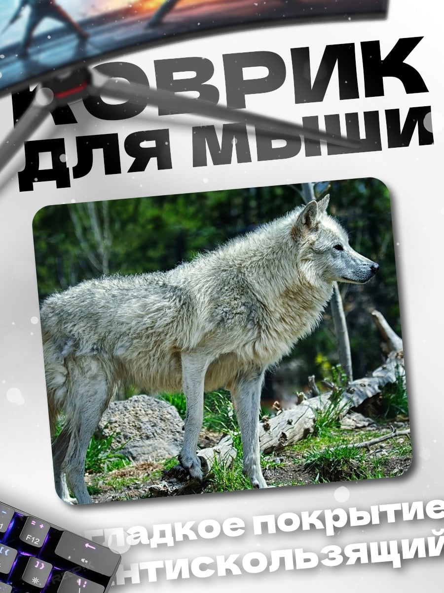 Коврик Белый волк в лесу