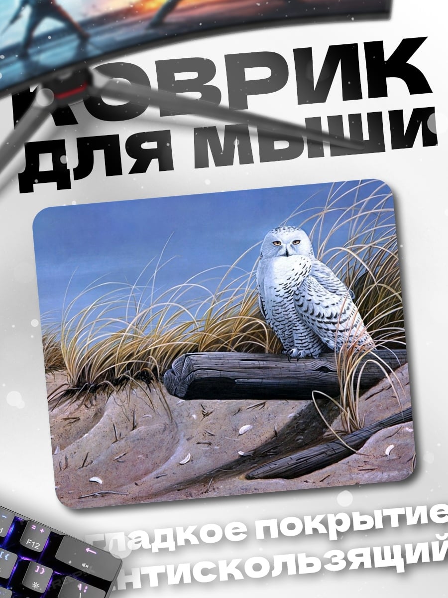 Коврик Белая сова на бревне